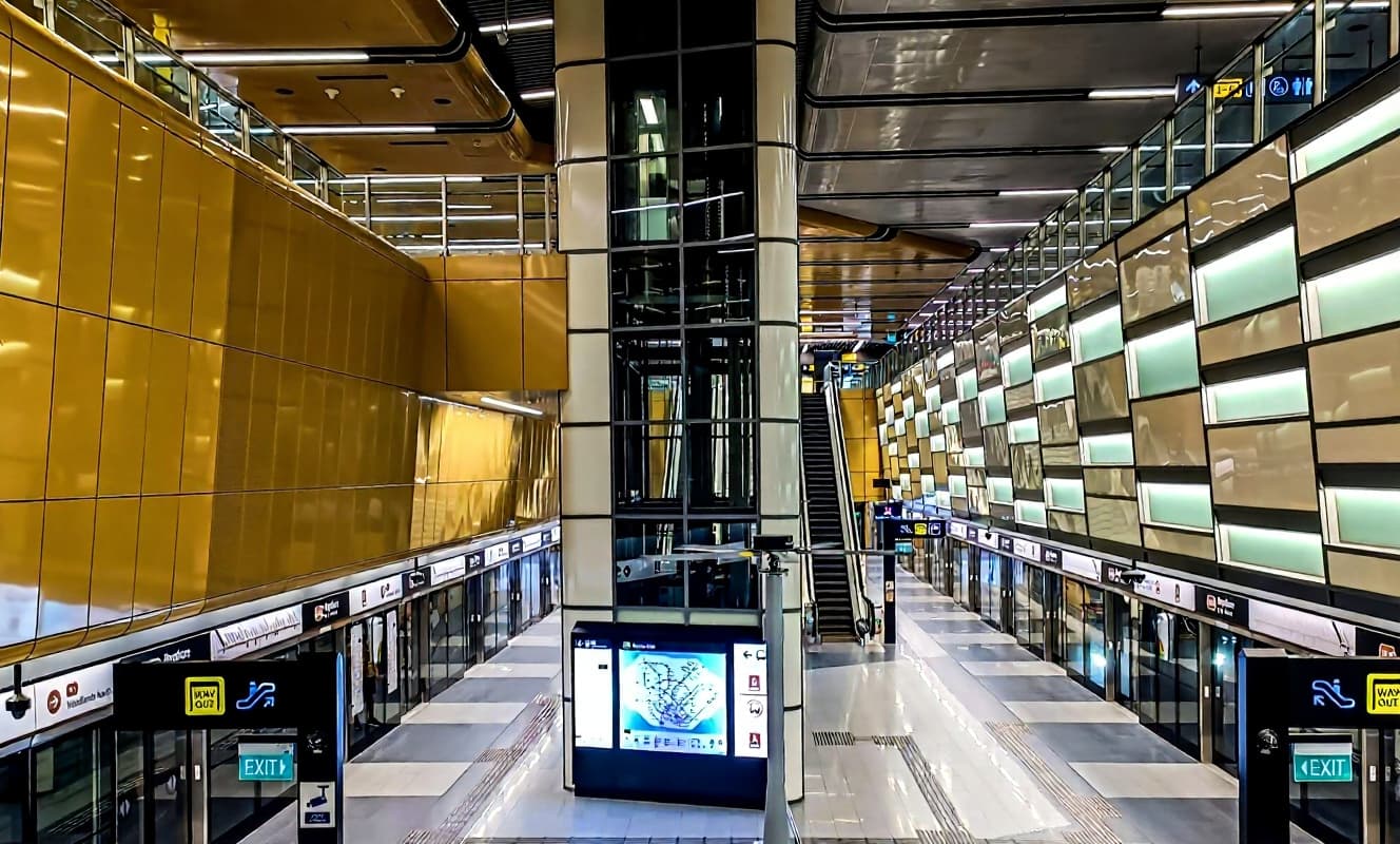Bayshore MRT station platform hall Golden-walled platform hall of Bayshore MRT station on the Thomson-East Coast Line