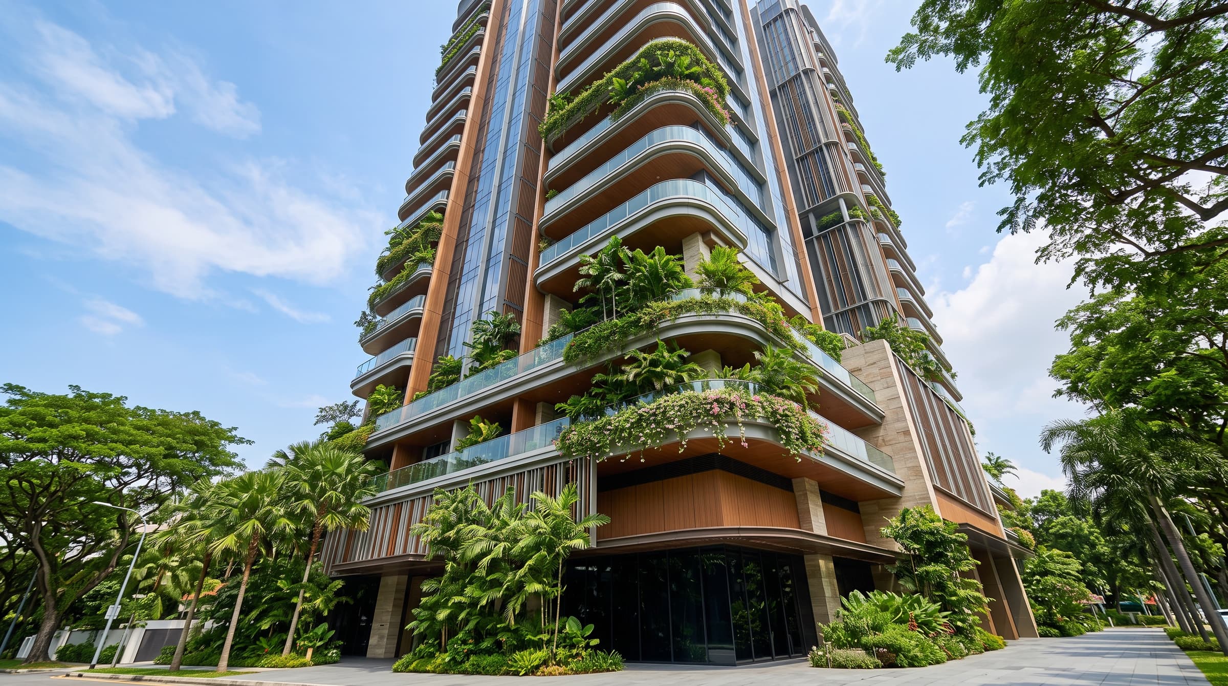 Conceptual facade study - artist's impression Artist's impression of a condominium tower facade with curved balconies and vertical planting. Conceptual mock-up for Bedok Rise Residences, for illustration only.