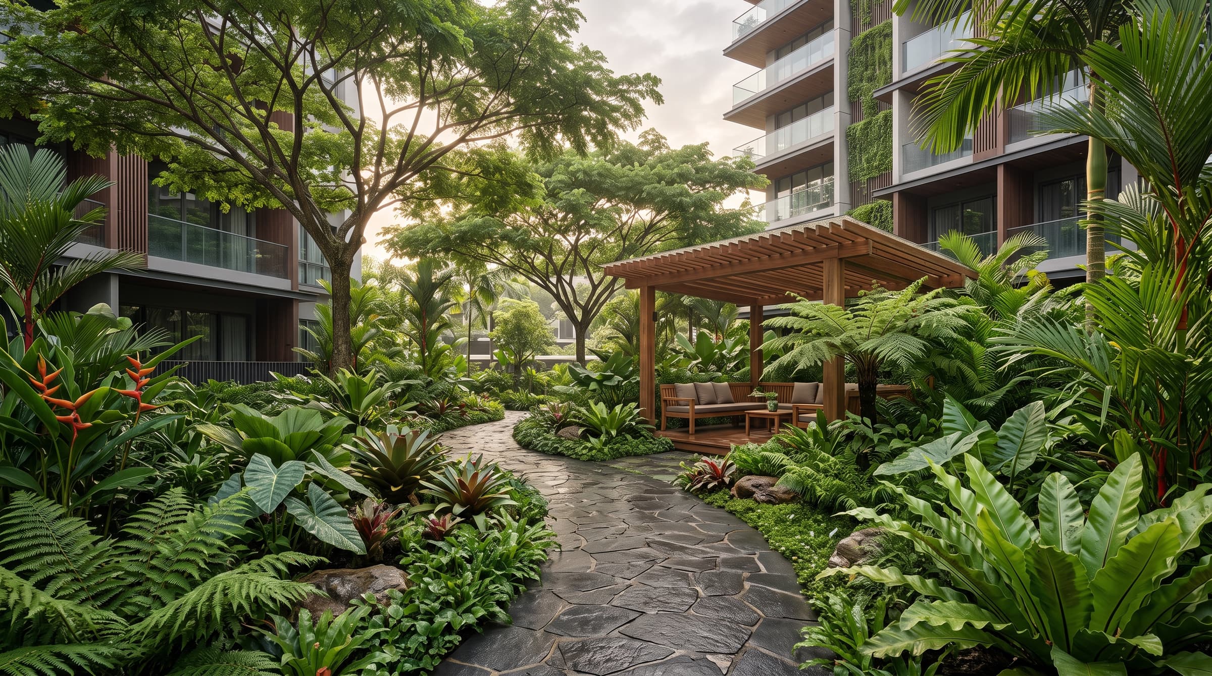 Conceptual landscape garden - artist's impression Artist's impression of a landscaped communal garden with a stone pathway and timber pavilion. Conceptual mock-up for Bedok Rise Residences, for illustration only.