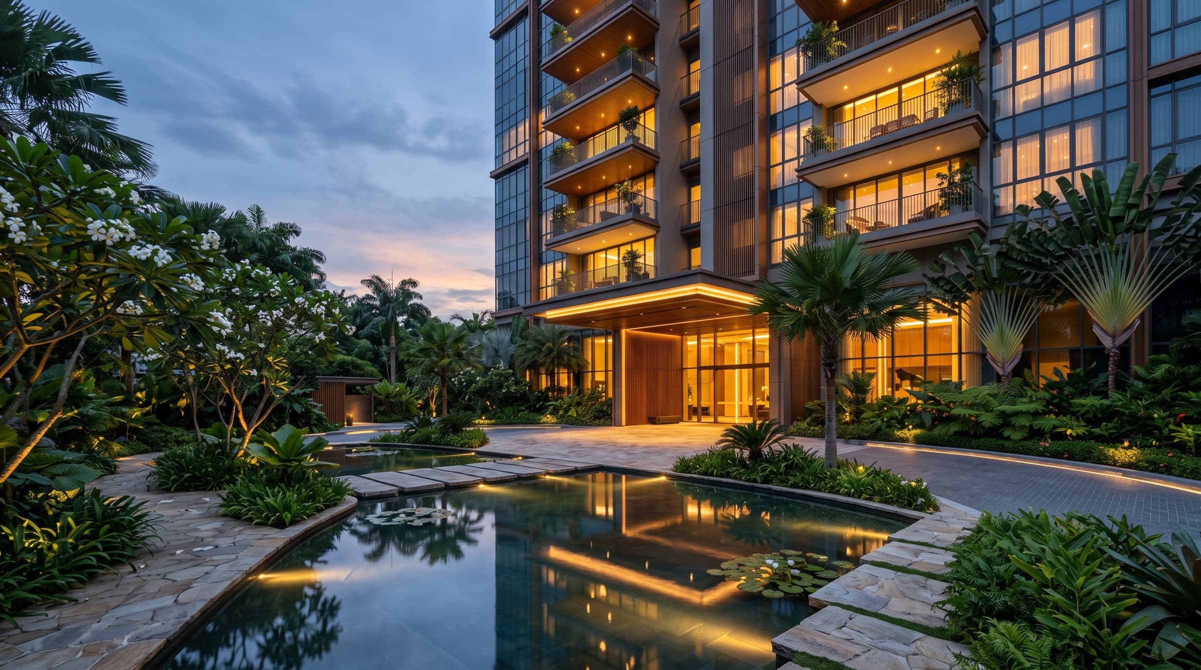 Bedok Rise Residences - conceptual artist's impression Artist's impression of a modern condominium arrival entrance at dusk with landscaped water features. Conceptual mock-up for Bedok Rise Residences, for illustration only.