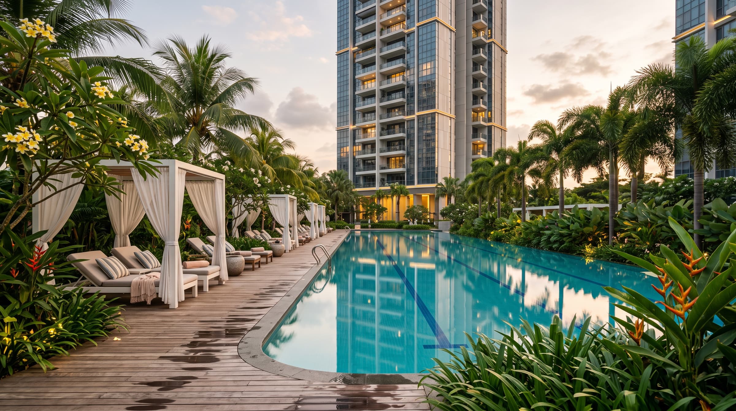 Conceptual facilities deck - artist's impression Artist's impression of a resort-style condominium pool deck with cabanas and tropical planting. Conceptual mock-up for Bedok Rise Residences, for illustration only.